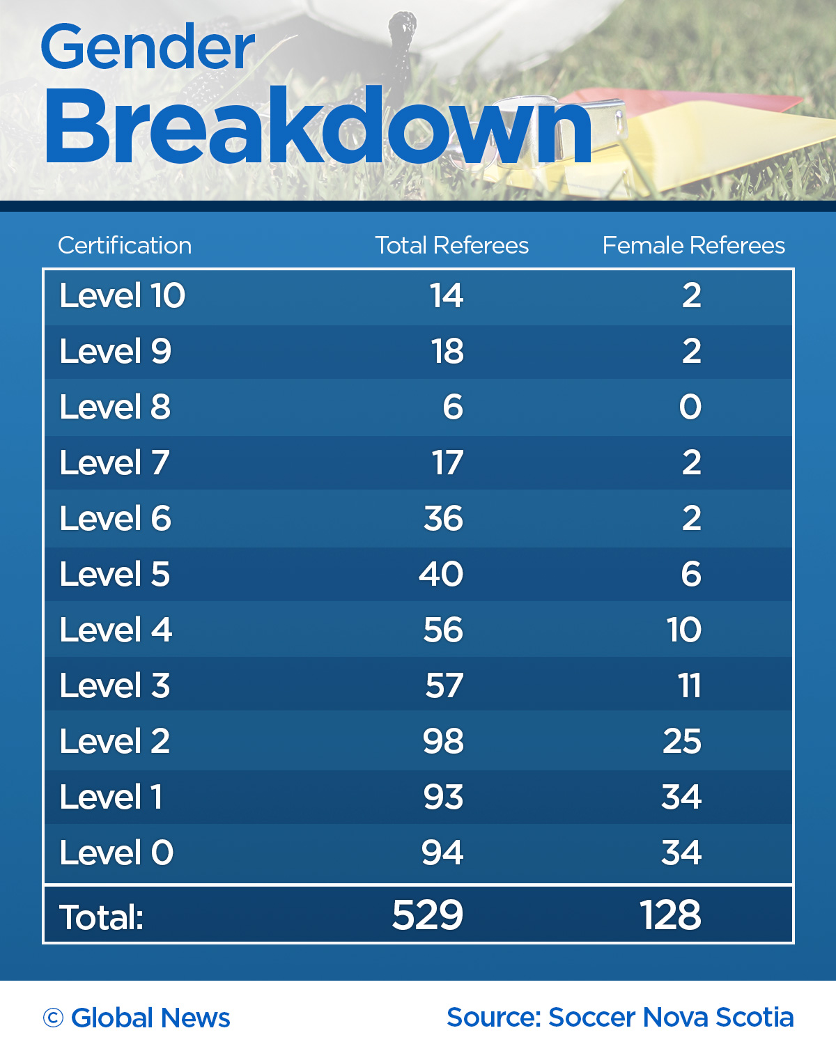 A breakdown of the number of female soccer referees in N.S.