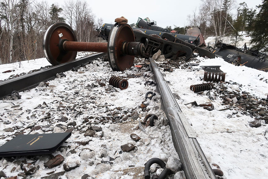 The Transportation Safety Board of Canada says a damaged wheel led to a train derailment near Rennie, Man., in January 2018.