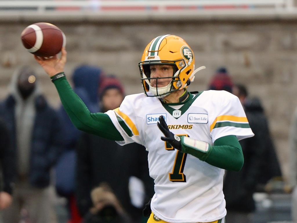 Edmonton Eskimos quarterback Trevor Harris (7) throws a pass against the Montreal Alouettes during first half football action in the CFL East semifinal in Montreal on Sunday, Nov. 10, 2019. THE CANADIAN PRESS/Ryan Remiorz.