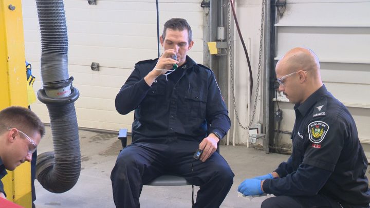 Saskatoon Fire Department paramedics demonstrate the use of Penthrox.