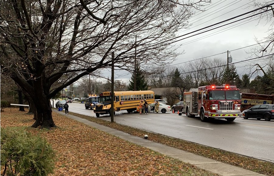 London firefighters respond to a crash between a school bus and a car on Sarnia Road west of Western Road.