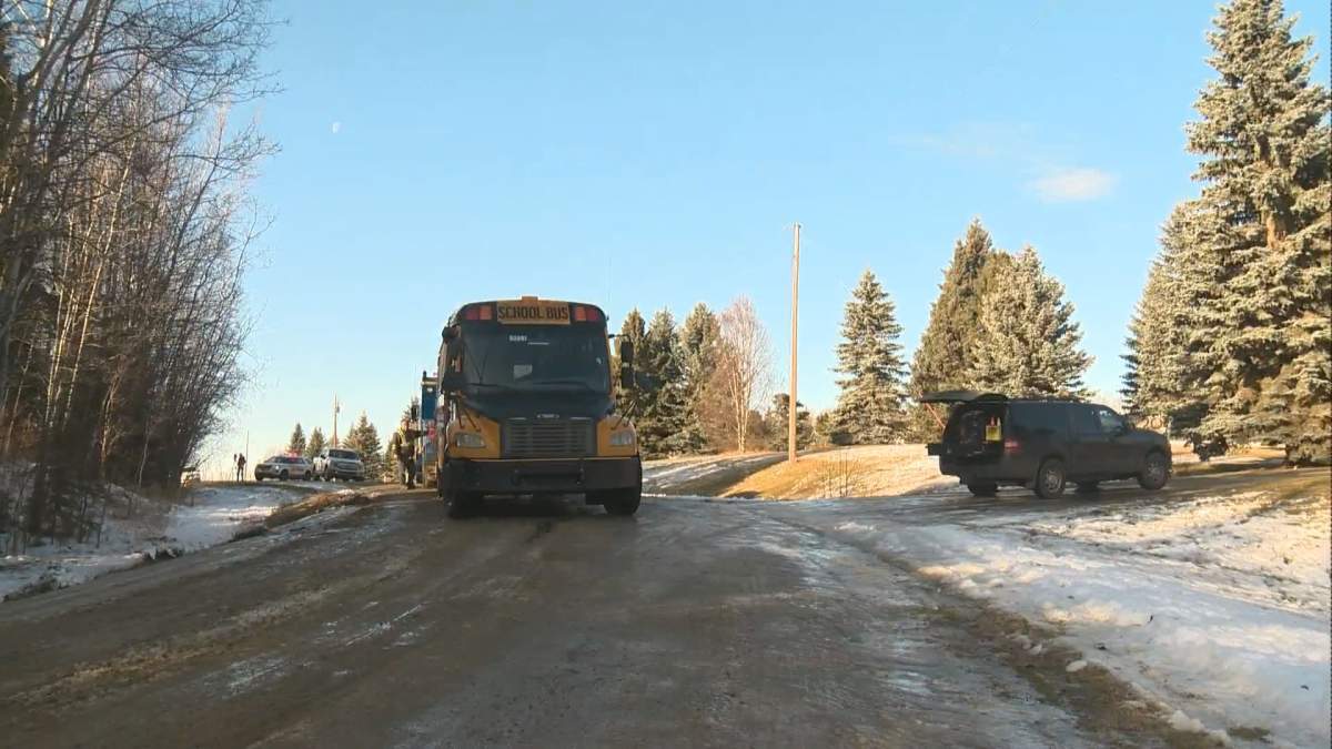 Stony Plain RCMP investigate a school bus rollover on Forest Drive near Highway 779. Monday, Nov. 18, 2019.