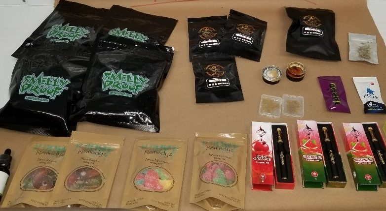 Several cannabis edibles and vape products seized by Surrey RCMP during a traffic stop are displayed on Nov. 7, 2019.
