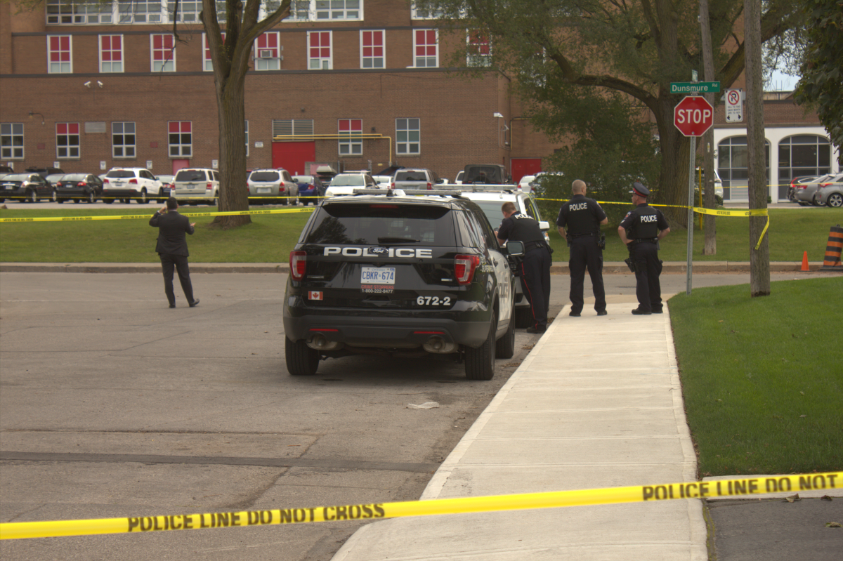 Police on scene at Winston Churchill School in Hamilton on Oct. 7, 2019 after the fatal stabbing death of student Devan Bracci-Selvey.