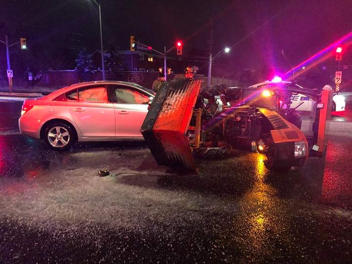 A photo from the scene in Mississauga after a vehicle crashed into a sidewalk plow.
