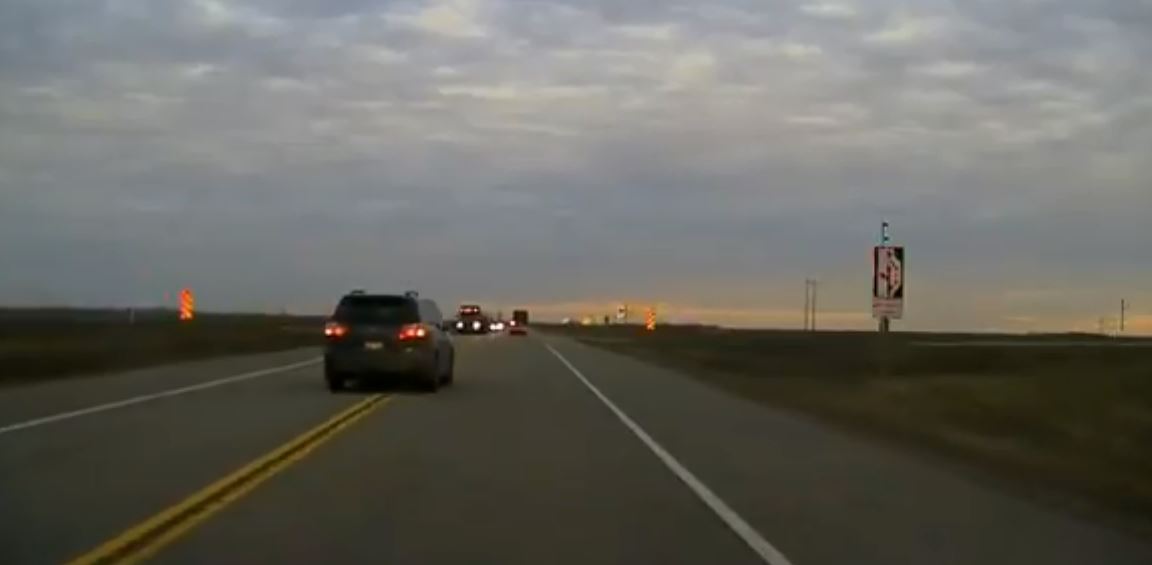 A still from RCMP video of a dangerous incident on Highway 16.