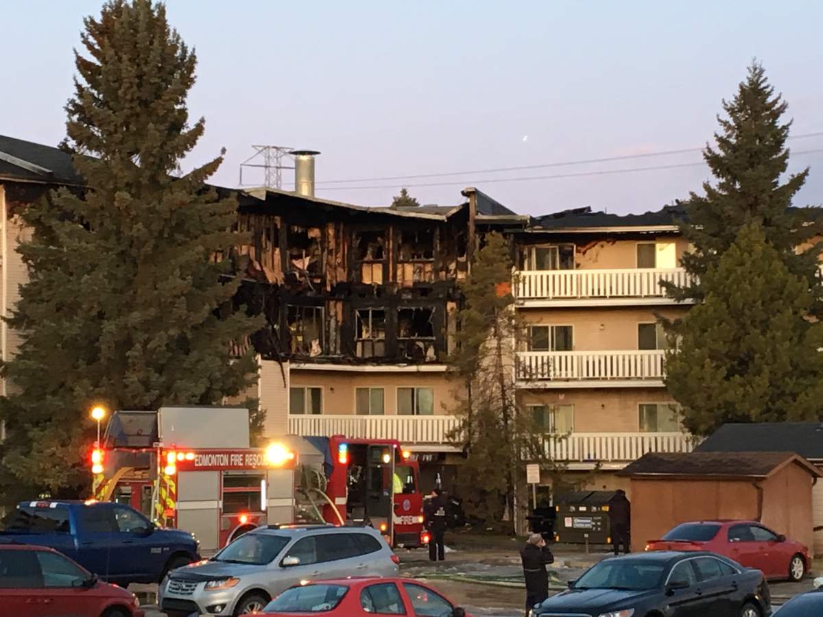 The aftermath of a fire at the Strathmore Manor apartment building (2911 109 St NW) in south Edmonton on Monday, November 18, 2019.