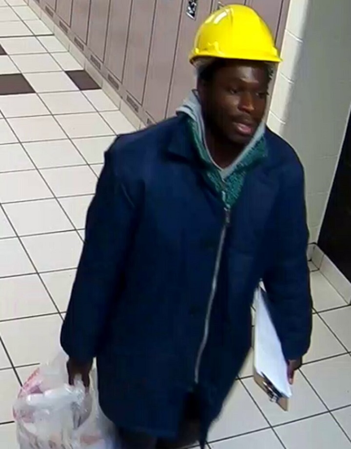 Security camera image of a man wanted by police for allegedly throwing feces.