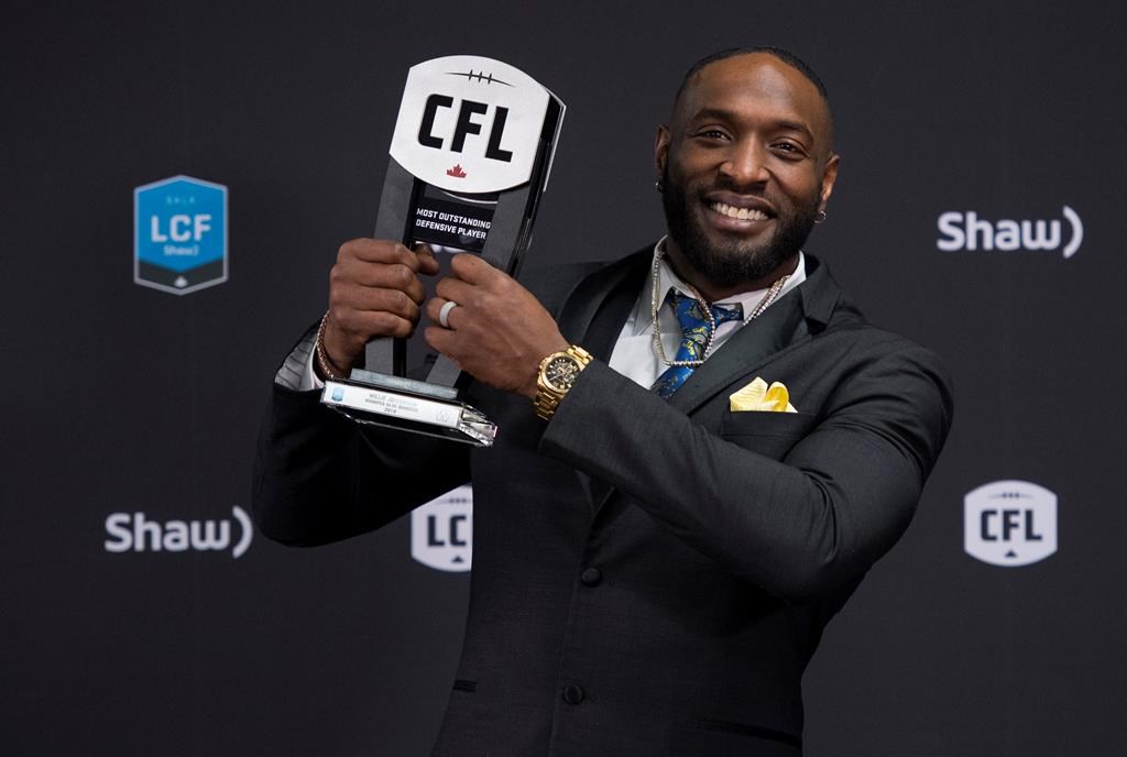 Winnipeg Blue Bombers defensive lineman Willie Jefferson with the trophy for the most outstanding defensive player at the CFL Awards during the CFL's Grey Cup week in Calgary, Thursday, Nov. 21, 2019. The terror of CFL quarterbacks everywhere and the latest winner of the league's defensive player of the year award, six-foot-seven defensive end Willie Jefferson is the linchpin in a Winnipeg Blue Bomber defence.