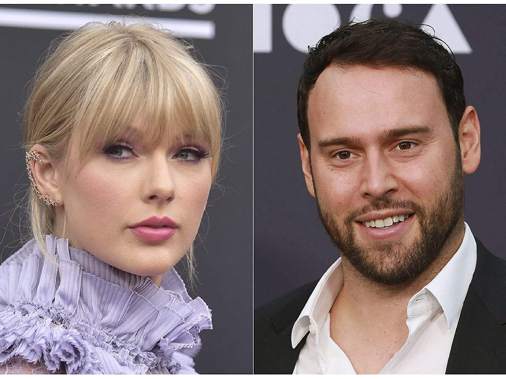 This combination photo shows Taylor Swift at the Billboard Music Awards at the MGM Grand Garden Arena in Las Vegas on May 1, 2019, left, and Scooter Braun at the 2019 MOCA benefit in Los Angeles on May 18, 2019.  (Photos by ).