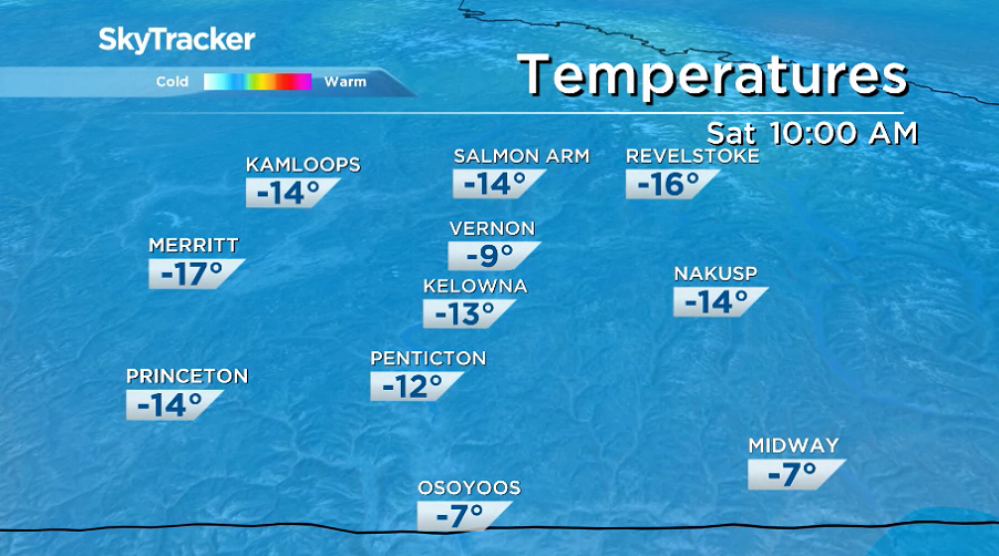 Temperatures dive into the minus teens early Saturday in the Central Okanagan.