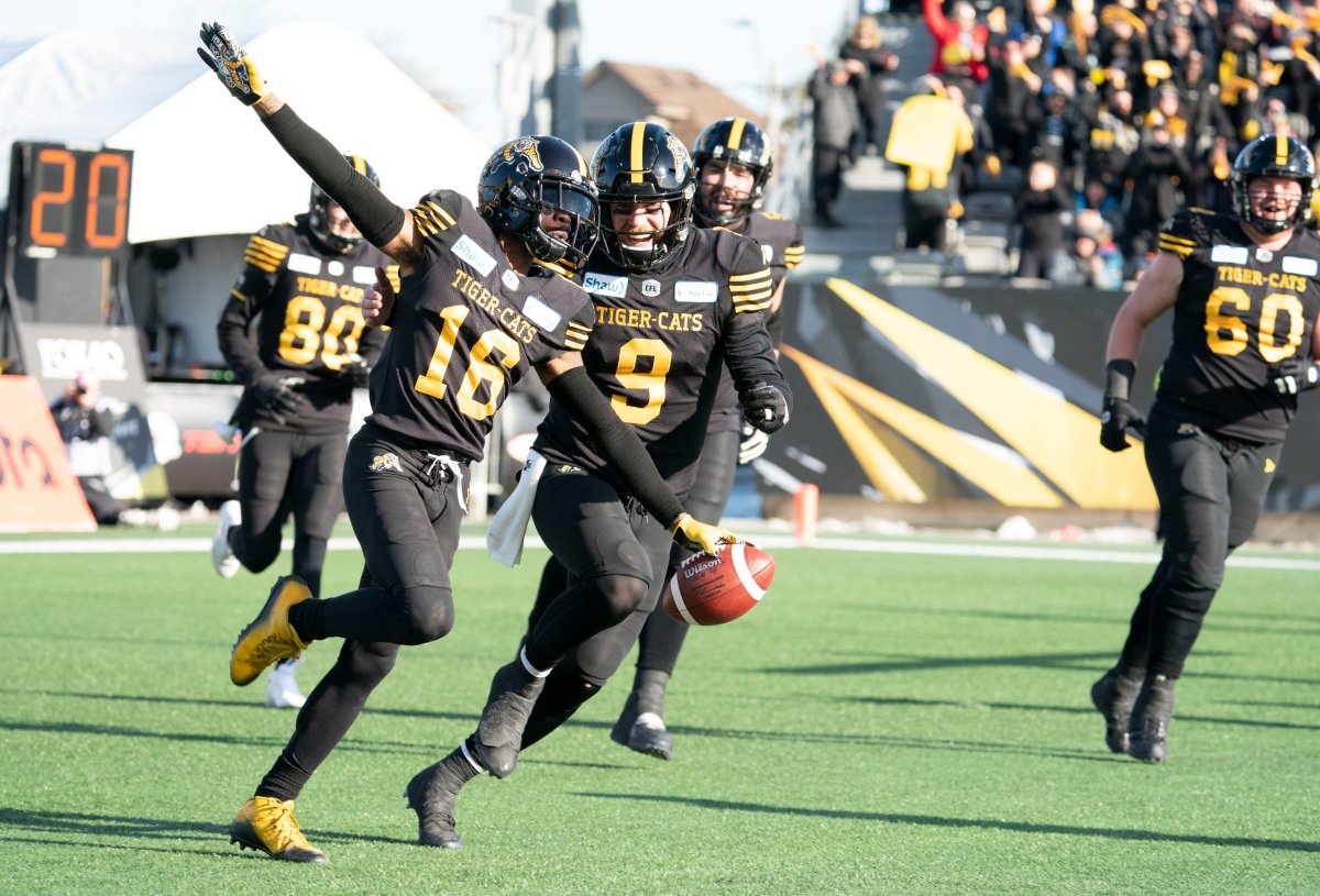 Hamilton Tiger-Cats receiver Brandon Banks (16) celebrates his touchdown reception during the first half of the CFL's Eastern Final against the Edmonton Eskimos in Hamilton, Ont. on Sunday, Nov. 17, 2019.