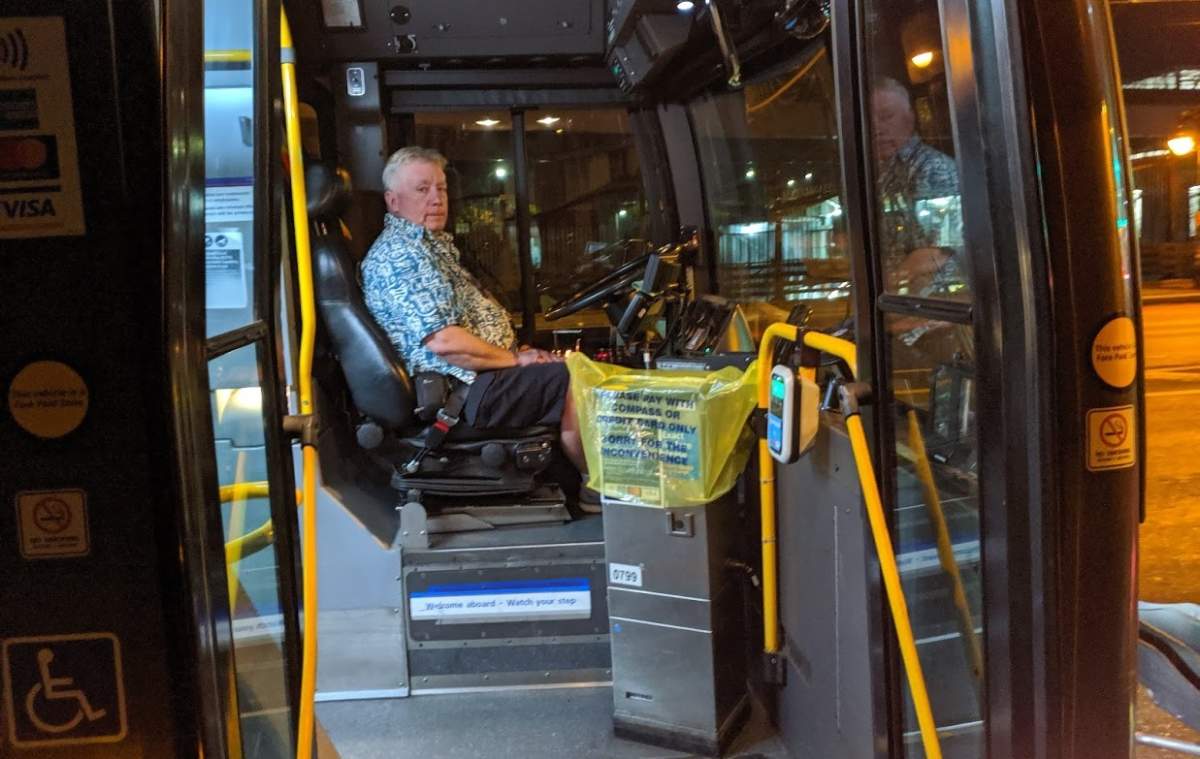 A Coast Mountain Bus Company driver seen out of uniform as a part of the first phase of job action. 
