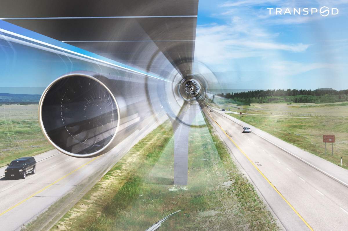 Renderings of TransPod’s high-speed hyperloop transportation system.