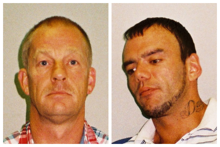 Layton Davies, left, and George Powell are shown in these arrest photos.