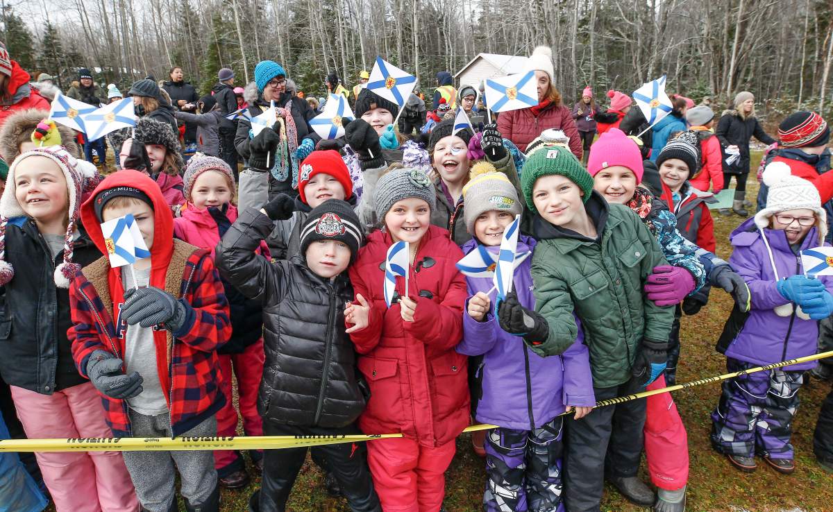 Students from Frank H. MacDonald Elementary and Pictou Landing First Nation schools gather at Black Point to celebrate the Tree for Boston.