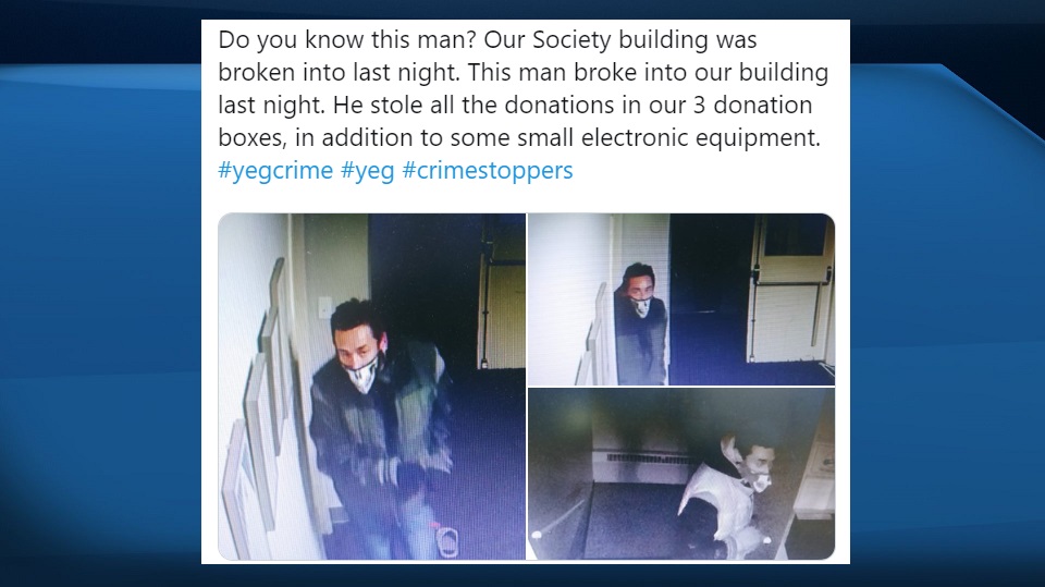 The Turkish Canadian Society of Edmonton is sharing images on social media after a thief stole three donation boxes from its building on Saturday night.