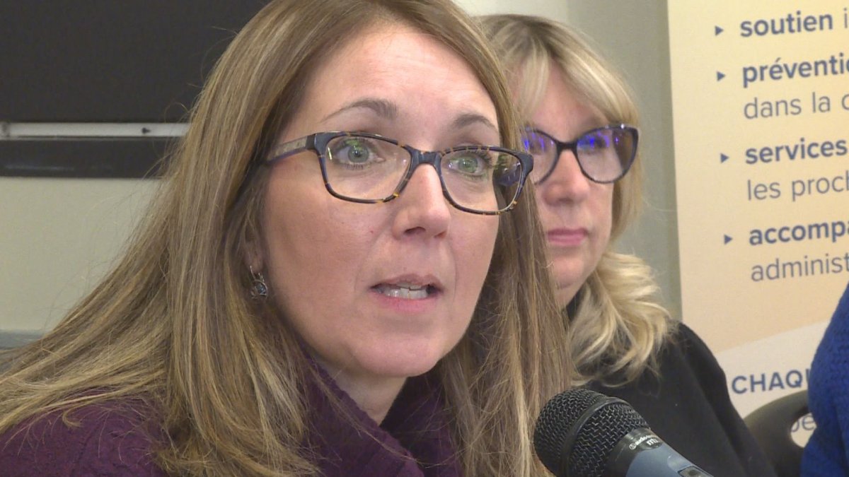 Chantal Arseneault, chairperson of the Association of Shelters for Women Victims of Conjugal Violence, speaks to reporters during a launch of the 12 Days of Action Against Violence Against Women, in Montreal, Saturday, Nov. 30, 2019.  