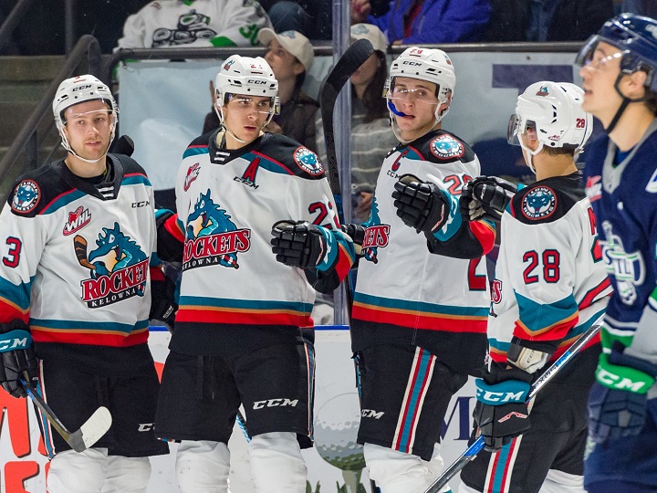 The Kelowna Rockets celebrate a goal against the Seattle Thunderbirds during WHL action in Seattle on Friday night.