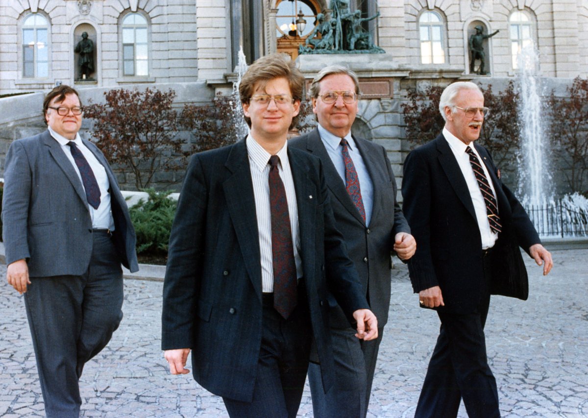  Oct.13, 1989 file photo -- Equality party member Robert Libman (second from left) leaves the Quebec Legislature with party members, from left, Neil Cameron, Richard Holden and Gordon Atkinson on Oct. 13, 1989 in Quebec City. 