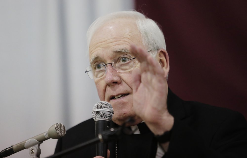 FILE - In this Nov. 5, 2018 file photo, Bishop Richard Malone of Buffalo, speaks during a news conference in Cheektowaga, N.Y. Pope Francis on Wednesday, Dec. 2, 2019, accepted Bishop Richard Malone’s resignation following widespread criticism over how he handled allegations of clergy sexual misconduct. 