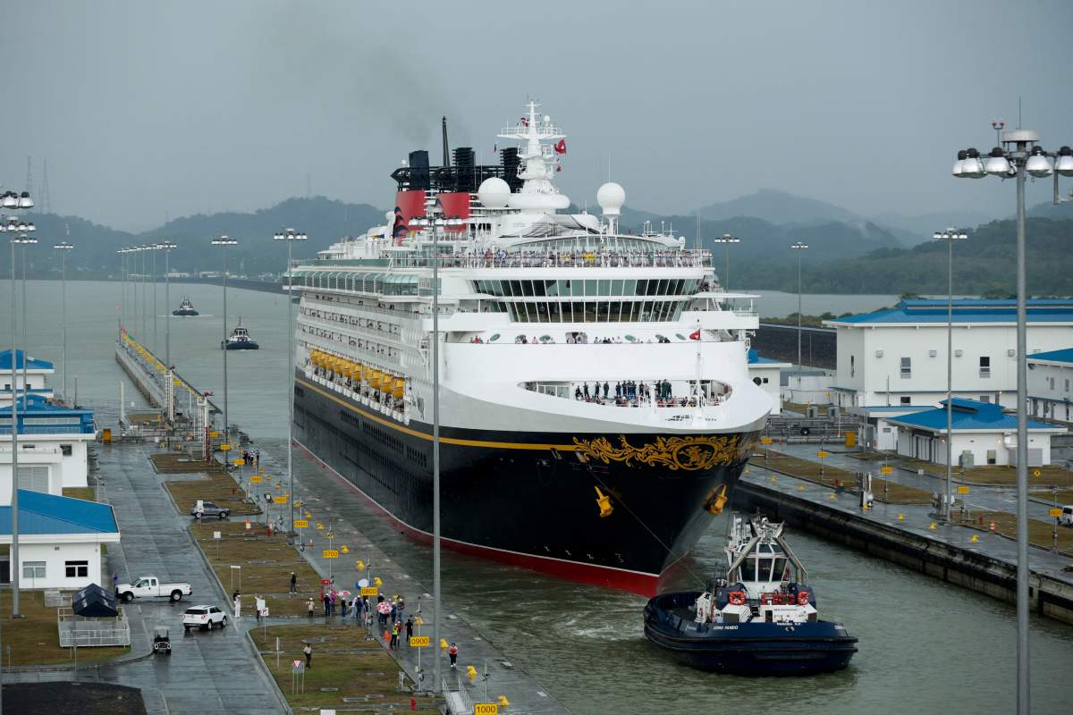 The Disney Wonder cruise ship sails toward the Cocoli Locks, part of the new Panama Canal expansion in Cocoli, Panama, Saturday, April 29, 2017. 