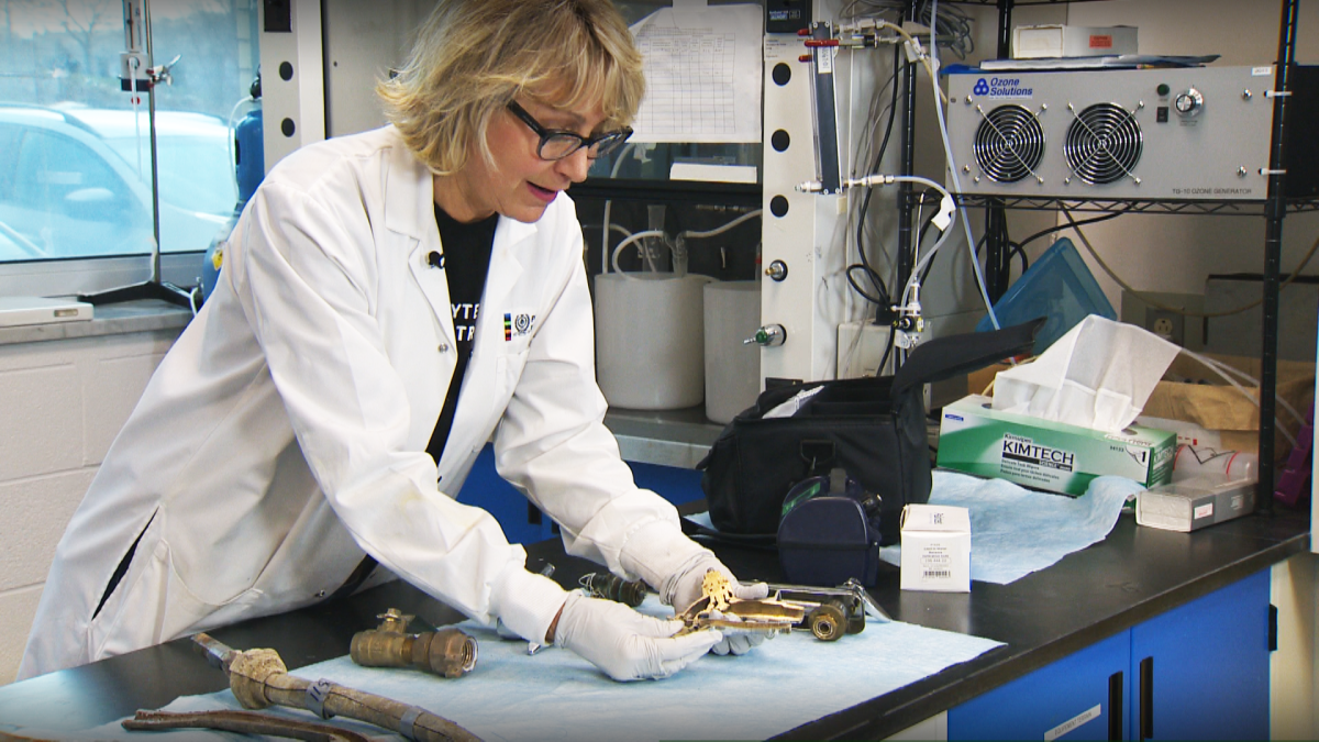 Michèle Prévost, a civil engineering professor at Polytechnique Montréal, featured in her lab on Dec. 9, 2019, explains how lead can leach from plumbing fixtures, including those made with brass up until 2014.
