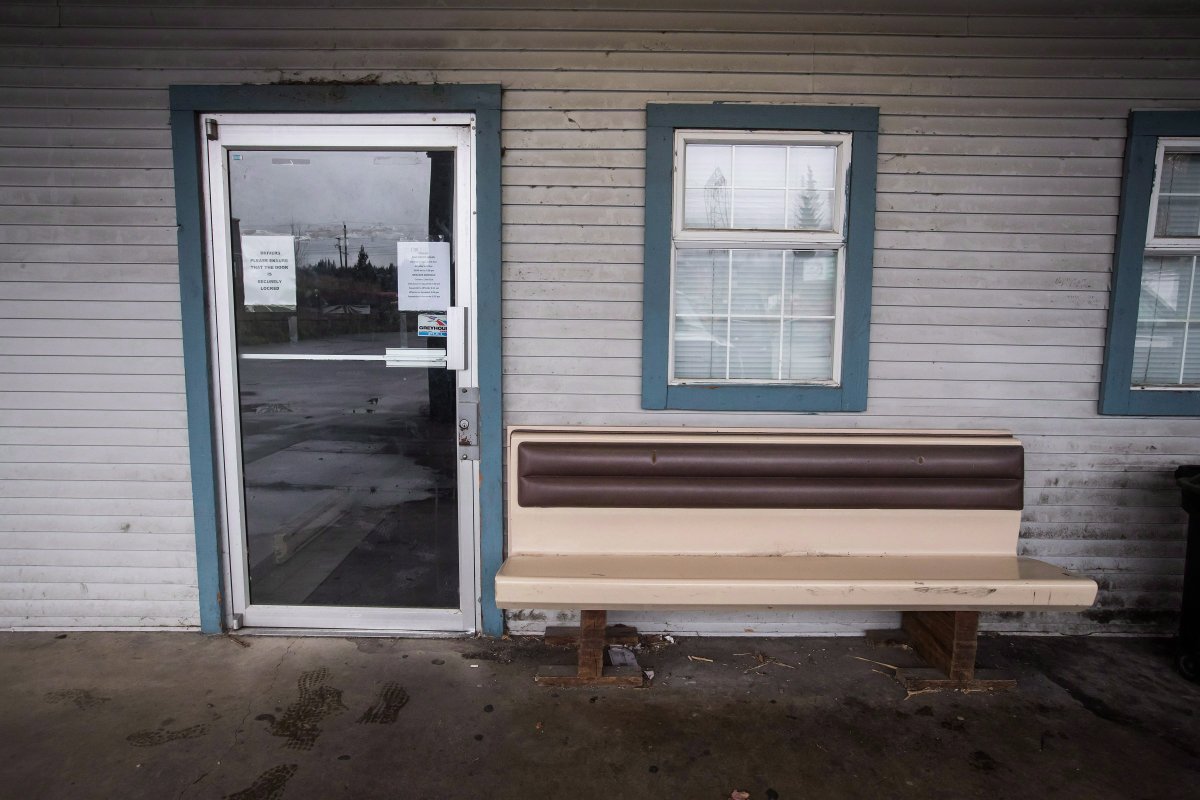 A bench is seen outside an entrance to the Greyhound bus station in Squamish, B.C., on Wednesday October 31, 2018. 