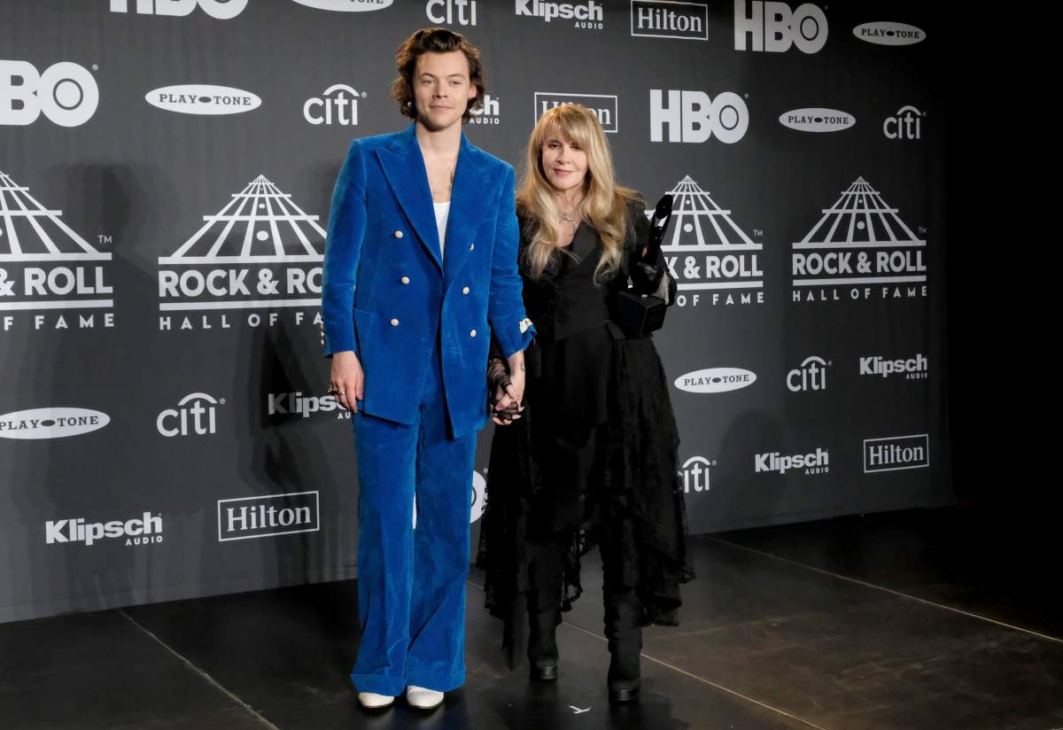 Harry Styles and inductee Stevie Nicks posed together in the press room at the Rock & Roll Hall of Fame induction ceremony at the Barclays Center on March 29, 2019 in New York.