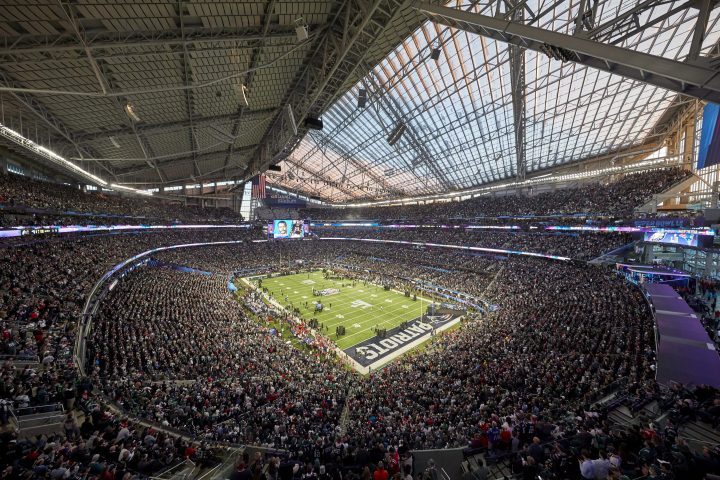 This Feb. 4, 2018, file photo shows a general view of U.S. Bank Stadium during the pregame of the NFL Super Bowl 52 football game in Minneapolis. 