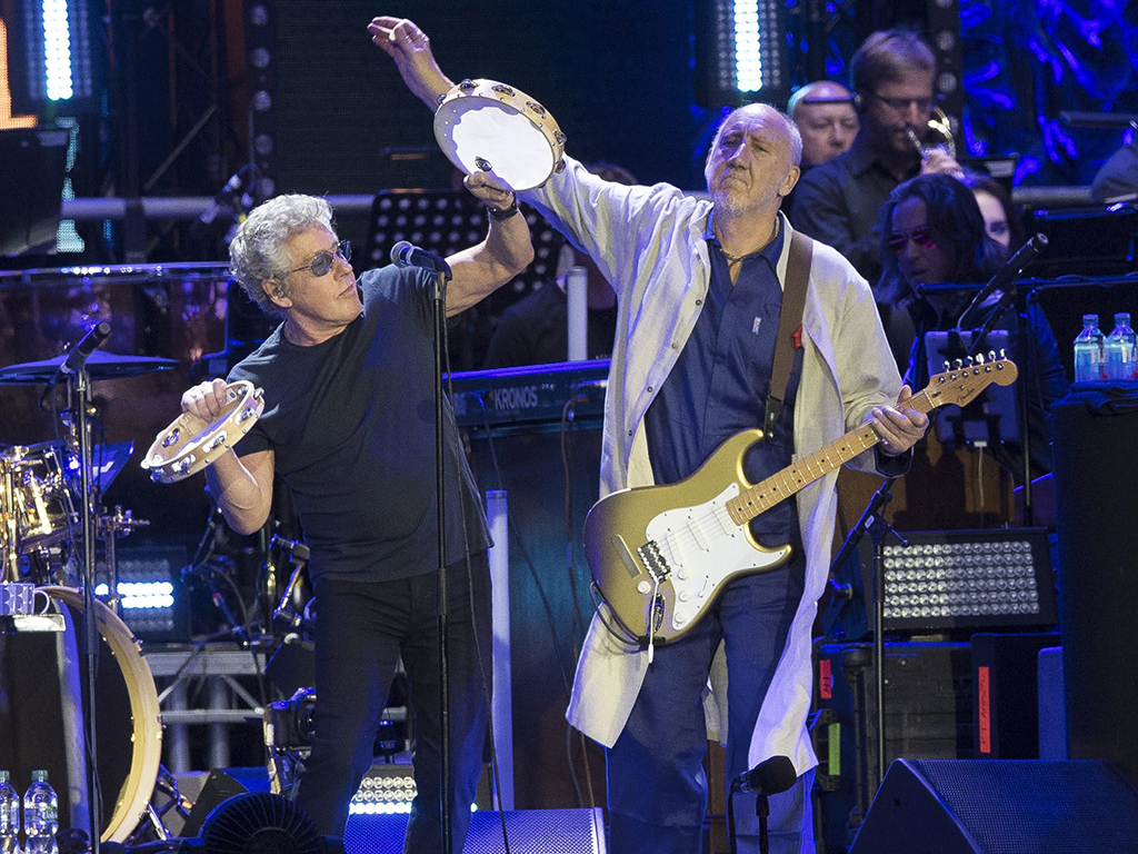 Roger Daltrey (L) and Pete Townsend (R) of The Who perform onstage as part of the Moving On! tour at Wembley Stadium in London, England, on July 6, 2019.
