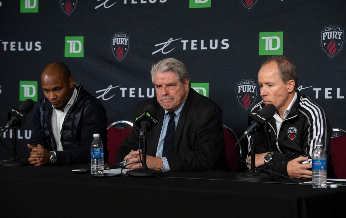 Ottawa Fury general manager Julian de Guzman, Fury president John Pugh and Ottawa Sports and Entertainment president and CEO Mark Goudie take questions during a press conference announcing the team's suspension of operations for the 2020 season, in Ottawa, on Friday, Nov. 8, 2019.