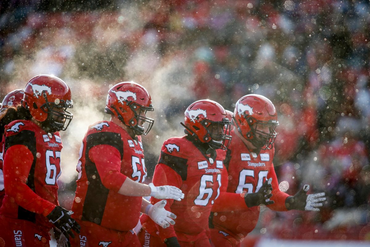 Calgary Stampeders, left to right, Zack Williams, Ryan Sceviour, Ucambre Williams, Shane Bergman, take there positions during CFL West Semifinal football action against the Winnipeg Blue Bombers, in Calgary, Sunday, Nov. 10, 2019. The Stampeders signed Williams through the 2021 season on Friday, Dec. 13, 2019.