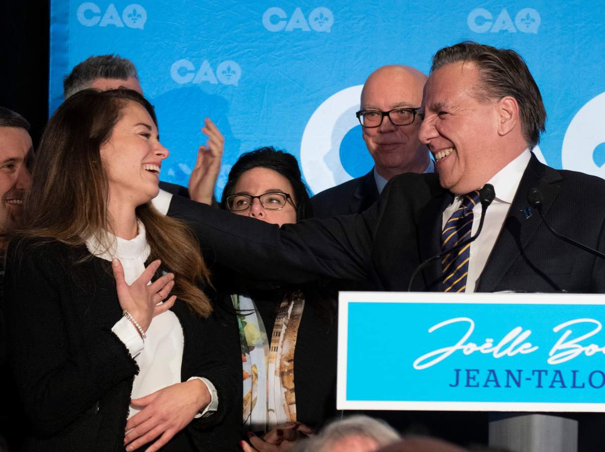 Quebec Premier François Legault, right, congratulates Coalition Avenir Québec elected candidate Joëlle Boutin, Monday, December 2, 2019 in Quebec City. Boutin was elected in the riding of Jean-Talon. 