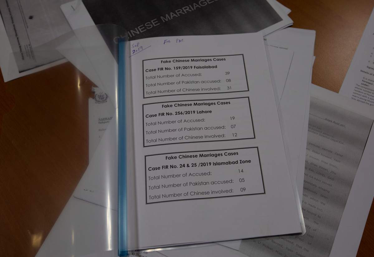 In this Nov. 21, 2019 photo, a pile of documents related to the trafficking of Pakistani brides to China is displayed in Islamabad, Pakistan.