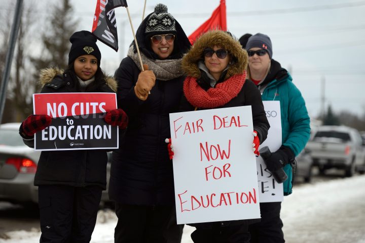 Teachers on the picket line in front of a high school in Guelph, Ont., Dec. 4, 2019. 