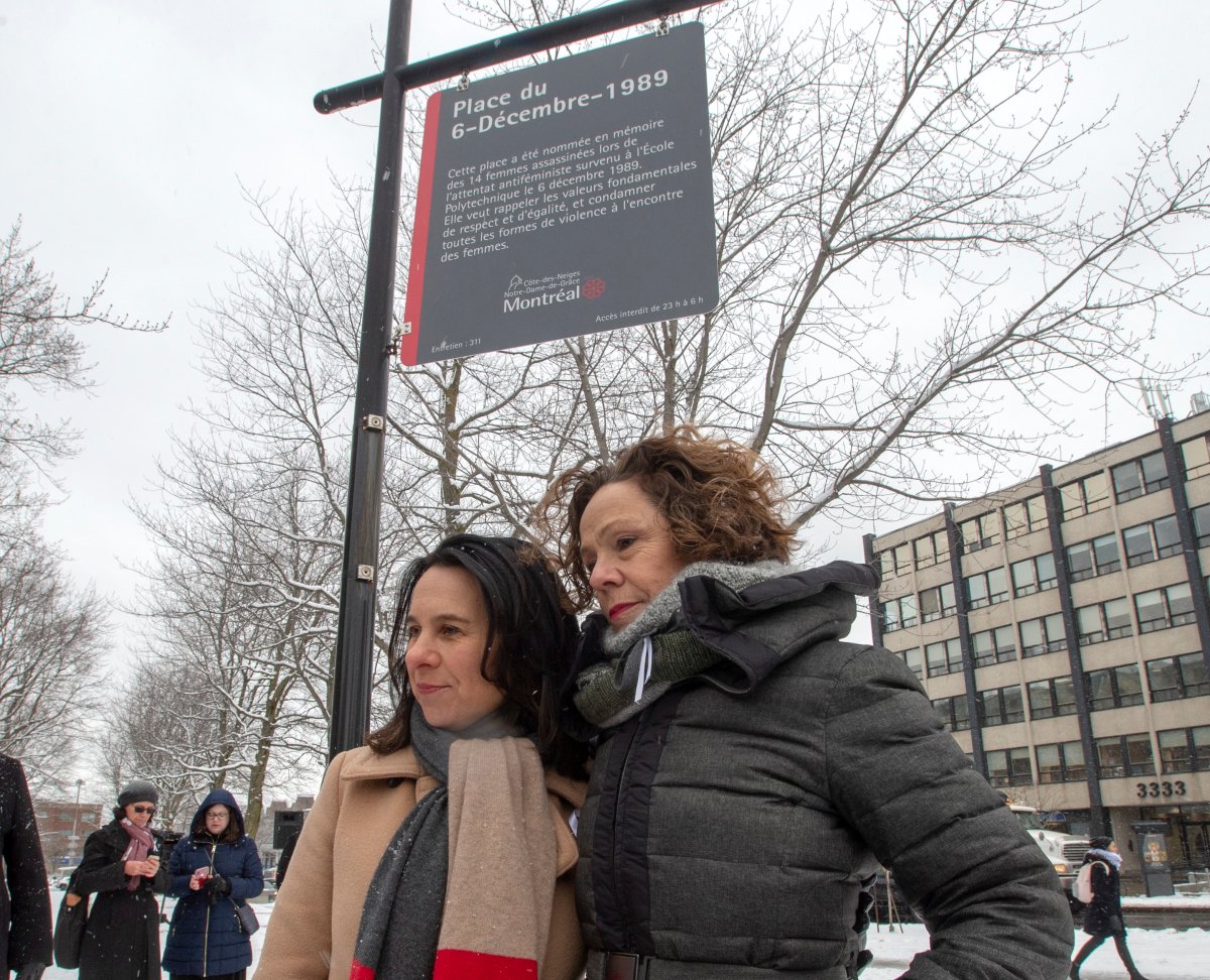 Montreal Mayor Valérie Plante and NDG-Cote des Neiges borough Mayor Sue Montgomery attend the inauguration of a new sign at Dec. 6th Park commemorating the 30th anniversary of the 1989 Ecole Polytechnique attack where a lone gunman killed 14 female students Thursday, December 5, 2019 in Montreal.