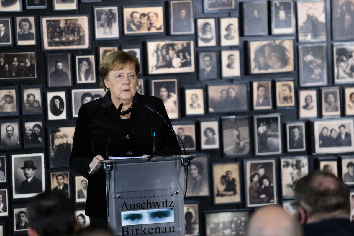 German Chancellor Angela Merkel delivers a speech during an official ceremony marking 10th anniversary of Auschwitz-Birkenau Foundation at the Auschwitz-Birkenau Memorial and Museum of former Nazi German concentration and extermination camp in Oswiecim, Poland, 06 December 2019. 