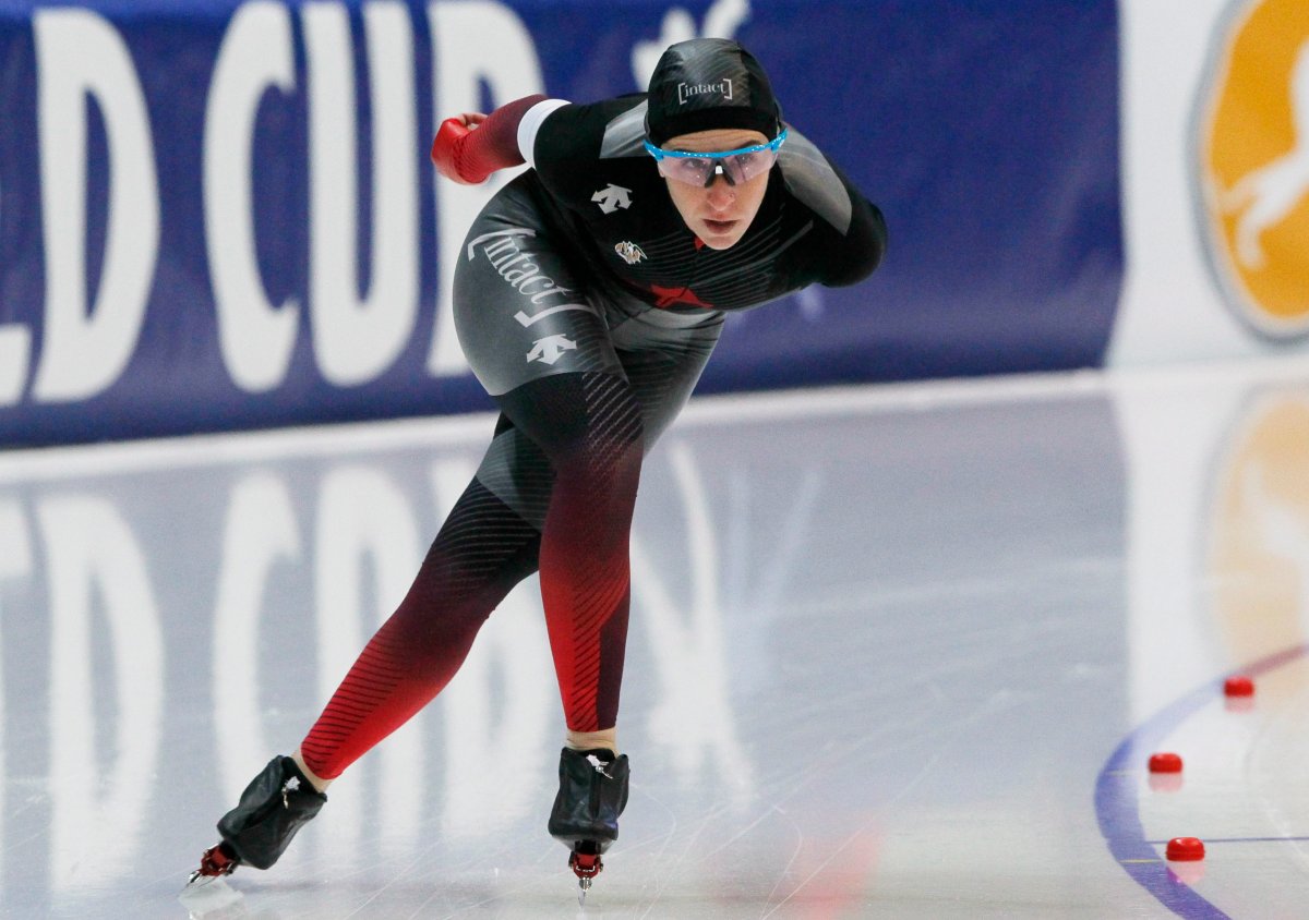 Ivanie Blondin of Canada competes during the ladies 5000 meters race of the speed skating World Cup at the Alau Ice Palace in Nur-Sultan, Kazakhstan, Friday, Dec. 6, 2019.