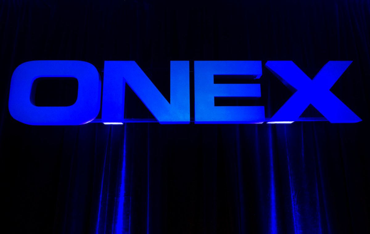 The Onex Corporation logo is displayed at the company's annual general meeting in Toronto on Thursday, May 10, 2012. 