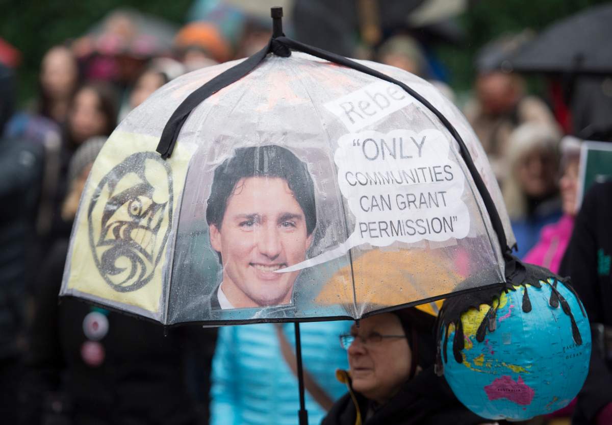 Protesters attend a anti trans mountain pipeline rally in downtown Vancouver, Monday, December, 16, 2019.