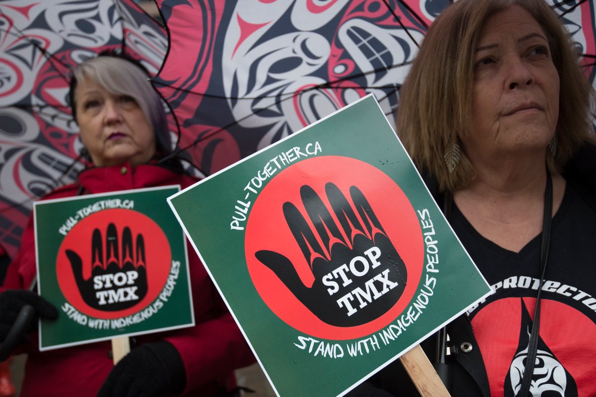 Demonstrators attend a rally against the Trans Mountain Pipeline in downtown Vancouver, Monday, December, 16, 2019. 