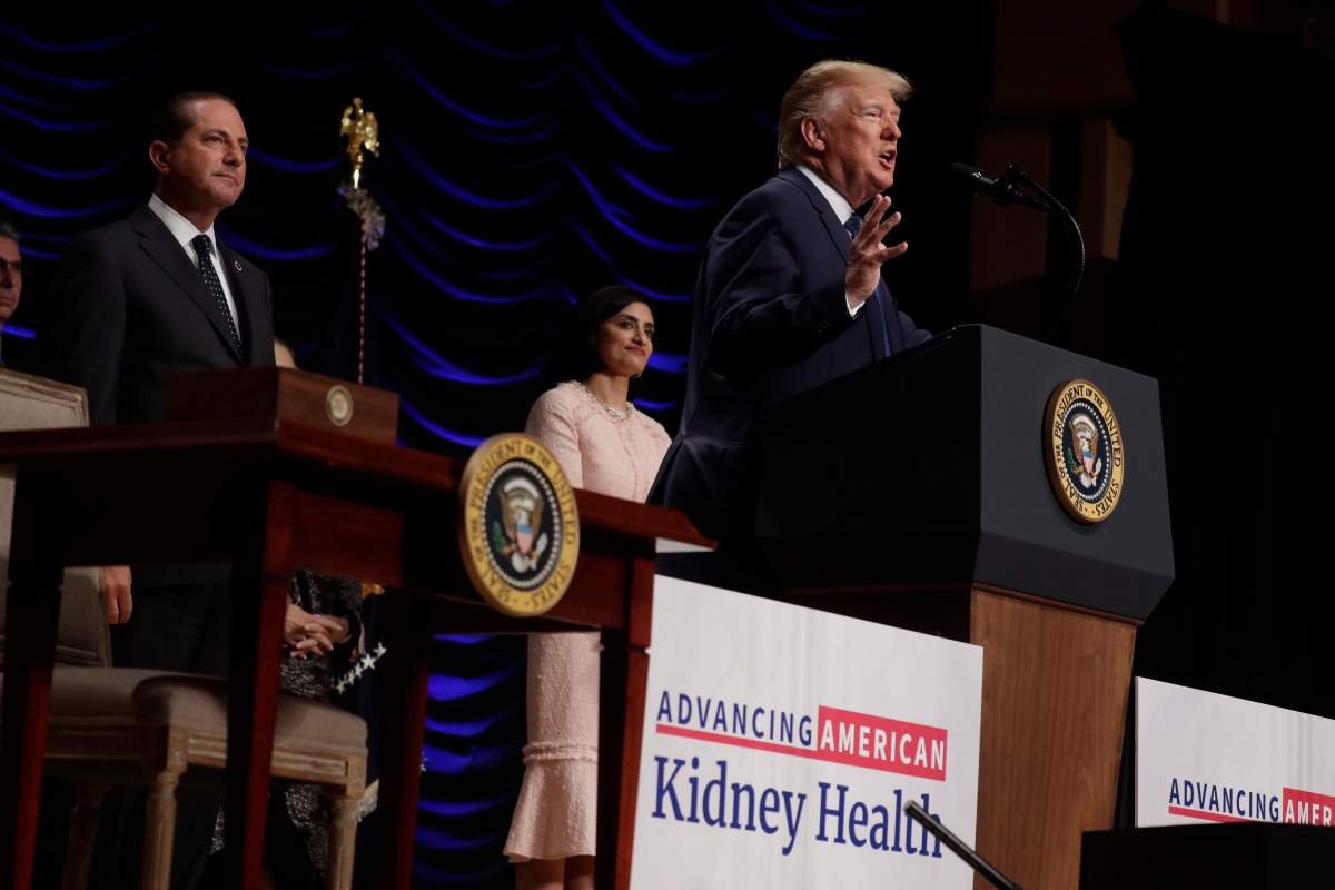 In this July 10, 2019 photo, President Donald Trump speaks during an event on kidney health at the Ronald Reagan Building and International Trade Centre in Washington. The U.S. government proposed new rules Dec. 17, to increase organ transplants.