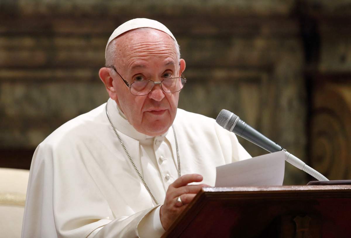 Pope Francis speaks the Roman Curia in the Clementine Hall in the Vatican on Dec. 21, 2019.