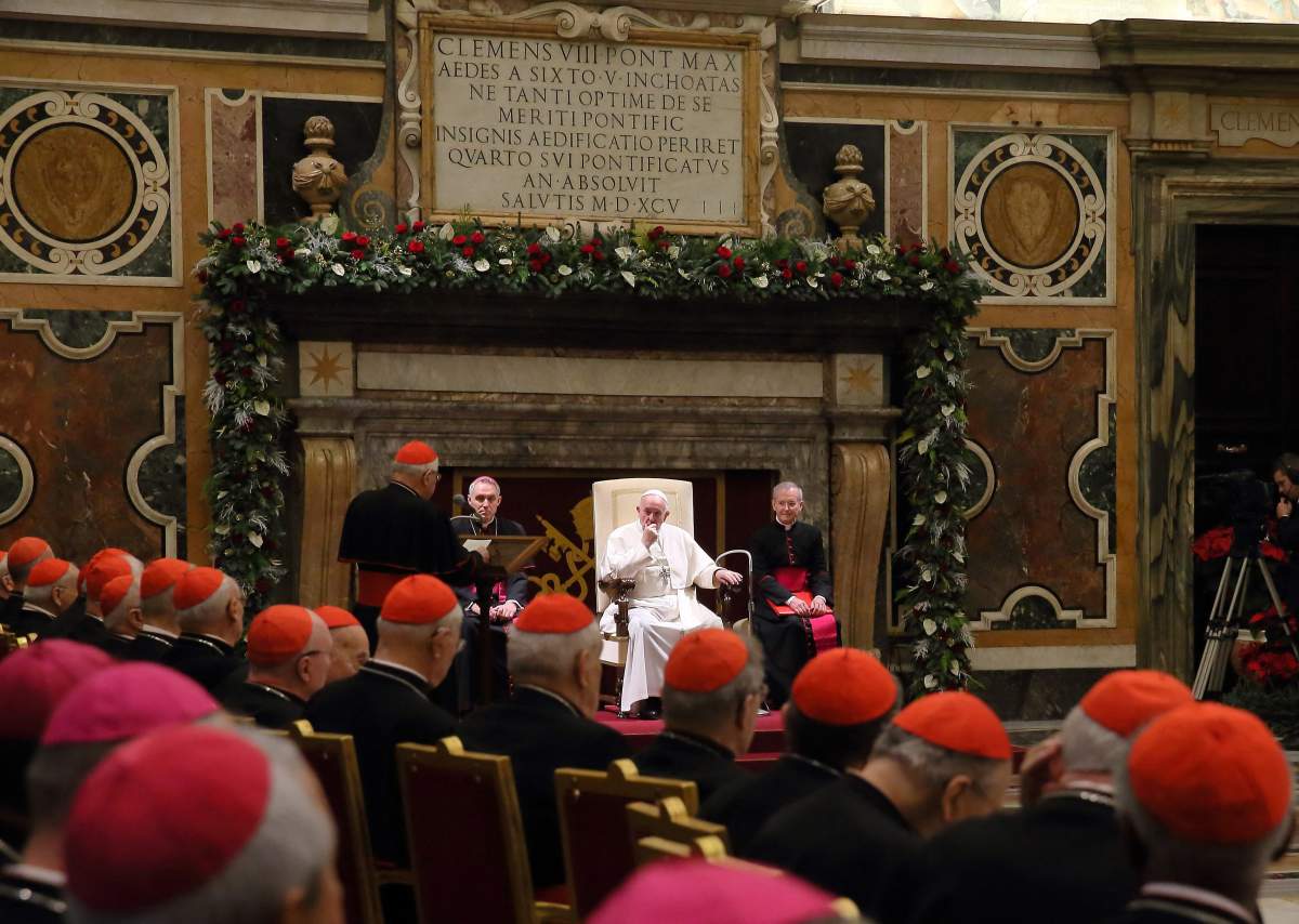 Pope Francis exchanges Christmas greetings with the Roman Curia in the Clementine Hall in the Vatican on Dec. 21, 2019.