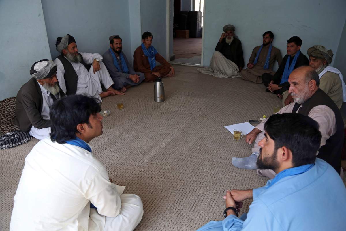 In this Aug. 29, 2019 filephoto, members of the peace movement chat after an interview in Kabul, Afghanistan. 