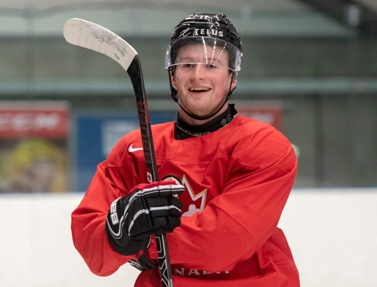 Canada's Alexis Lafreniere smiles during practice at the World Junior Hockey Championships in Ostrava, Czech Republic, Friday, Dec. 27, 2019. 