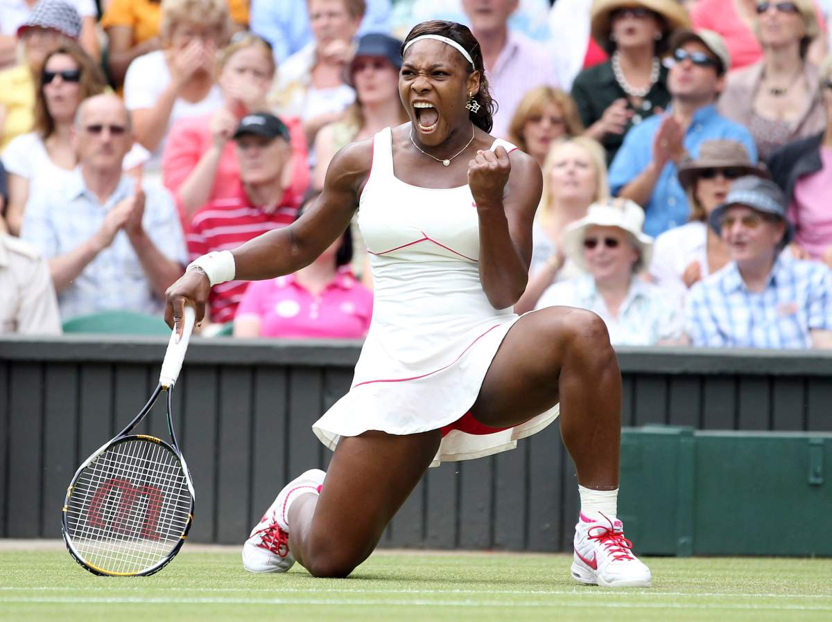 In this July 3, 2010, file photo, Serena Williams of the United States, celebrates a point win over Russia’s Vera Zvonareva during their women’s singles final at the All England Lawn Tennis Championships at Wimbledon.