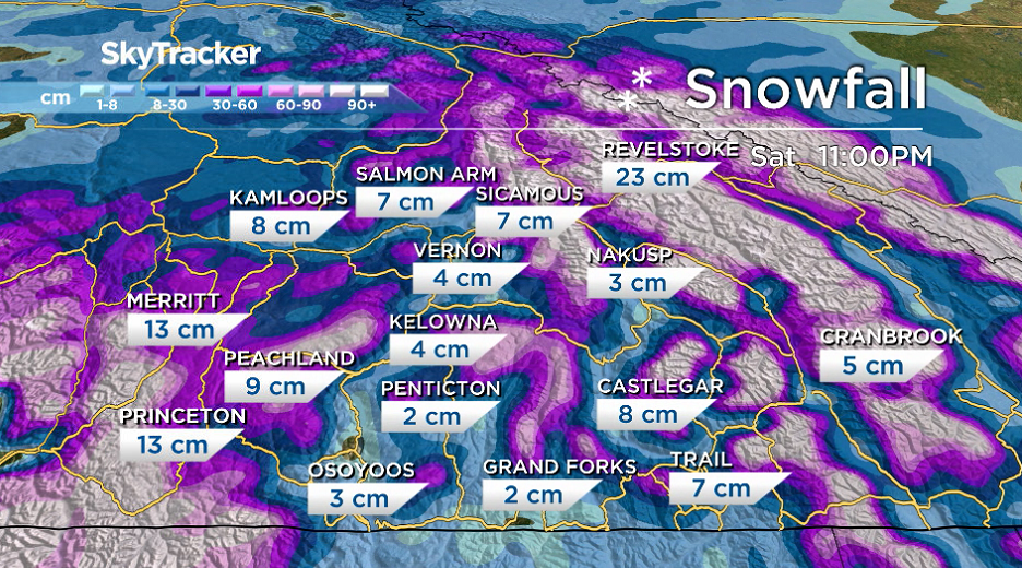 Four to 10 centimetres of snow is possible in parts of the Okanagan and Shuswap by Saturday night.