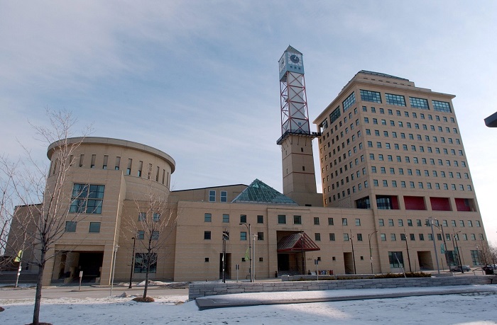A wide-angle view of the north side Mississauga City Hall February 6, 2003.  